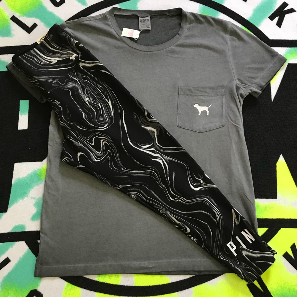 VS PINK DOG LOGO CAMPUS TEE & MARBLE LEGGING SET